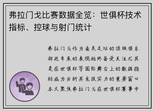 弗拉门戈比赛数据全览：世俱杯技术指标、控球与射门统计