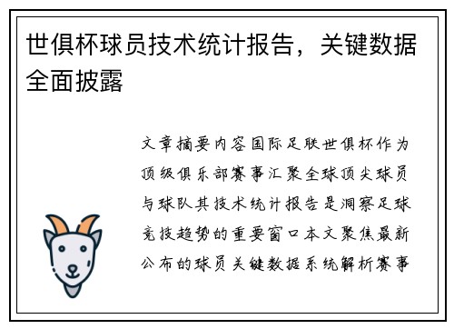 世俱杯球员技术统计报告，关键数据全面披露