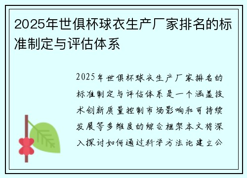 2025年世俱杯球衣生产厂家排名的标准制定与评估体系
